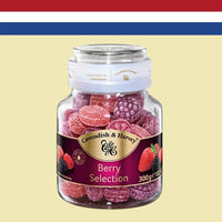 Glass container showing a variety of berry hard candies